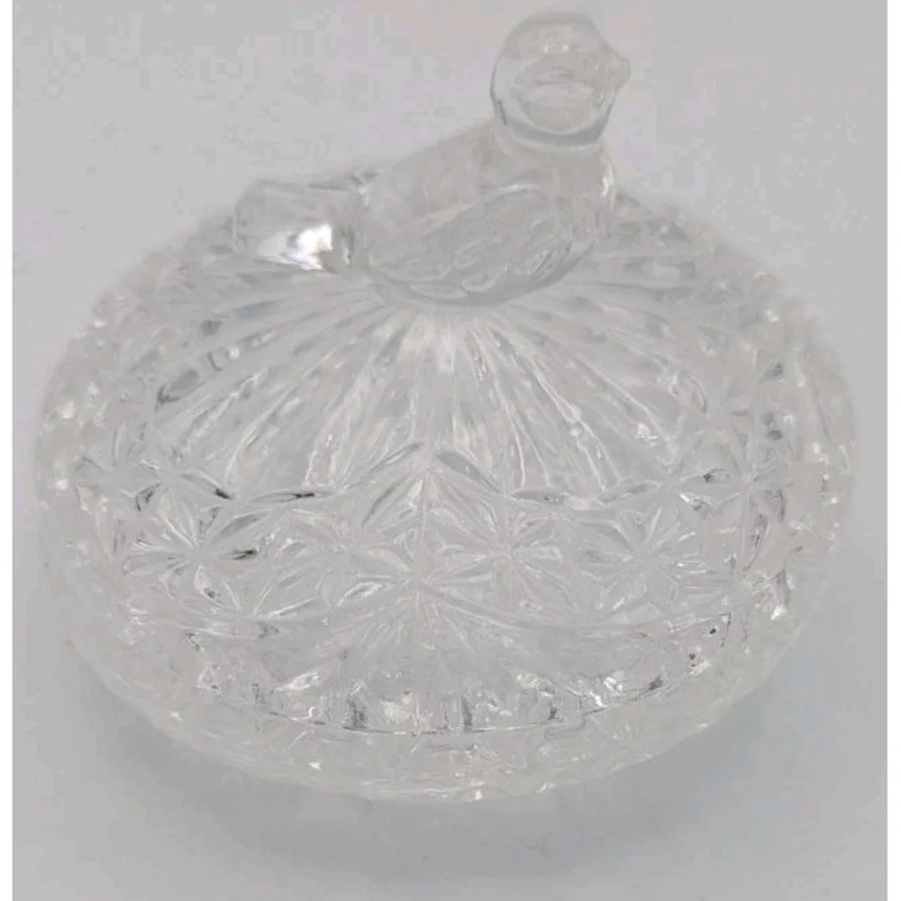 Vintage Crystal Clear Trinket Ring Dish with Bird Lid‎ Tiny Pressed Glass